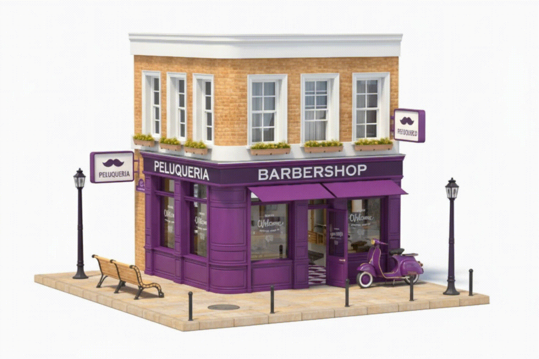 Render de fachada de una peluquería con un rótulo para peluquería