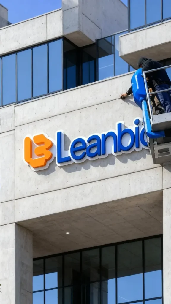 En la imagen se puede ver a uno de nuestros operarios instalando el rótulo en el que pone Leanbio, uno de nuestros clientes. Somos la mejor empresa de rótulos en Madrid, Vía Visual