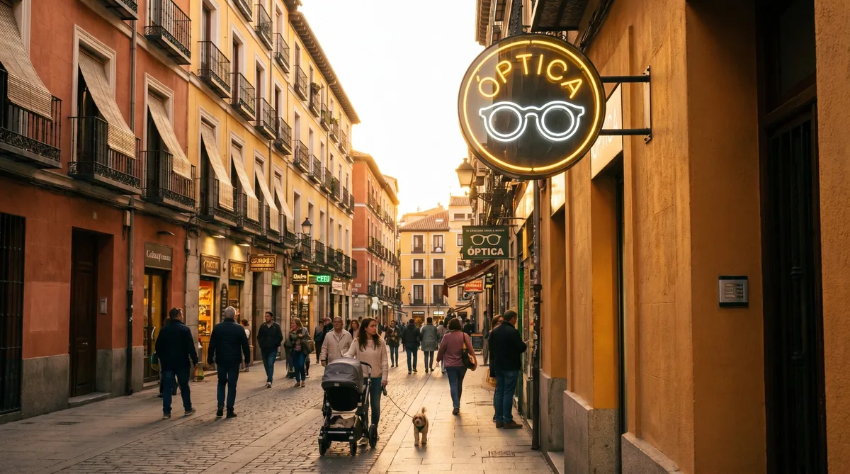 Banderola luminosa redonda de una óptica en una calle peatonal española al atardecer