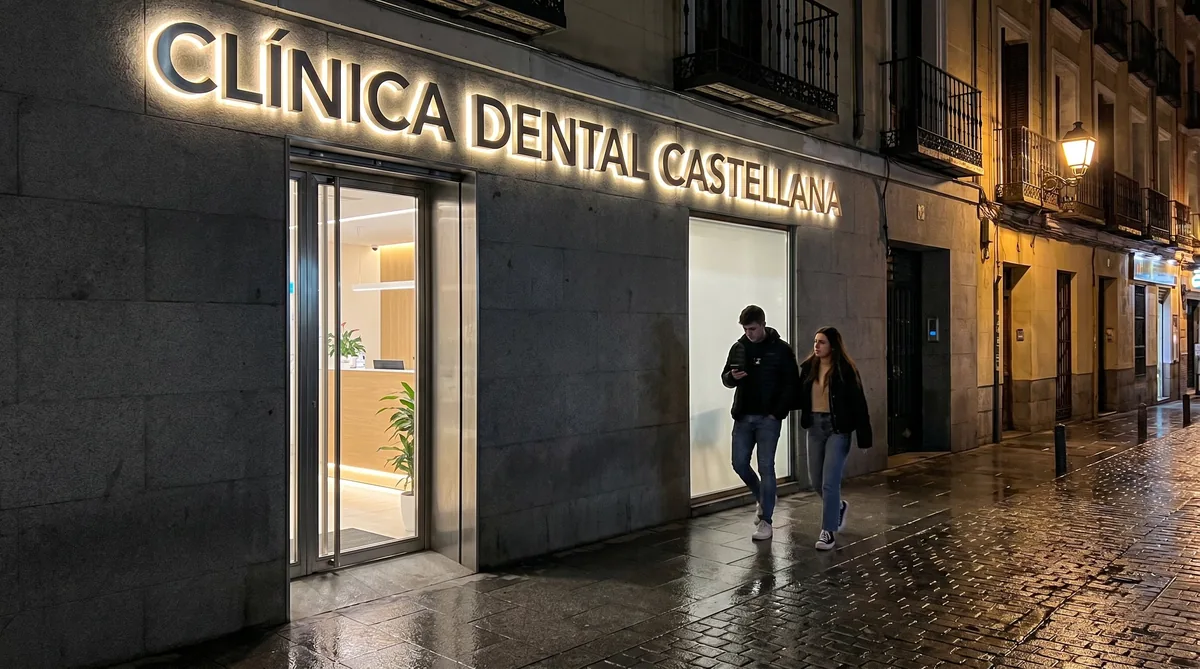 Letras corpóreas retroiluminadas con halo de luz en la fachada de una clínica dental de noche
