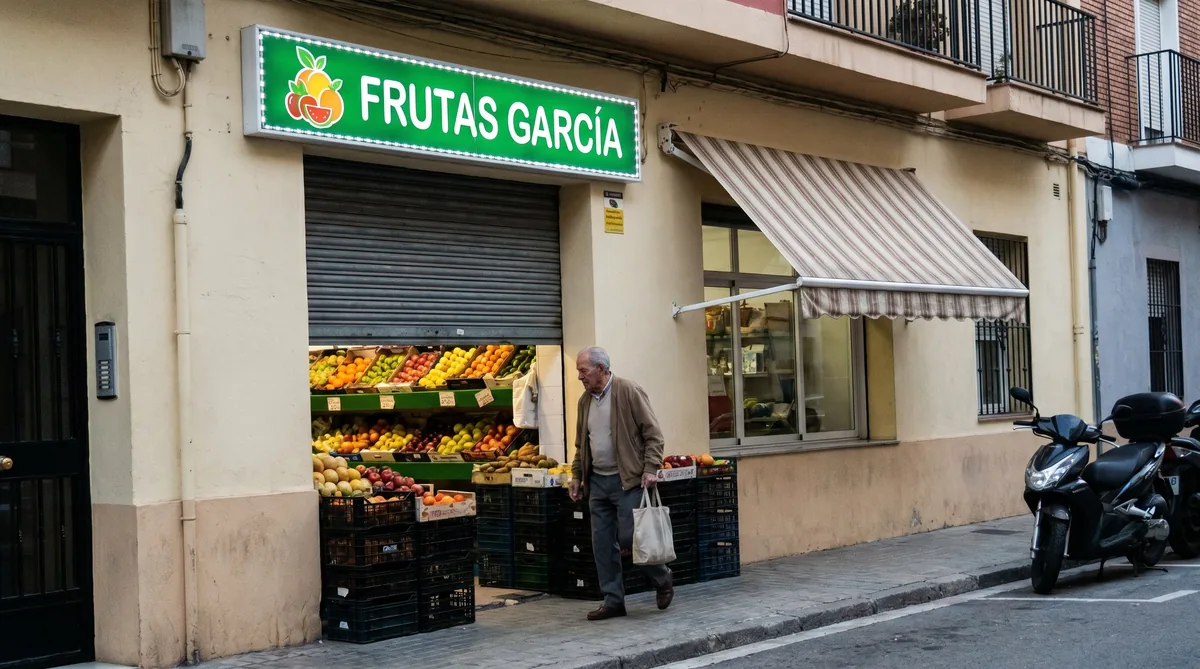 Rótulo de plafón luminoso tipo caja de luz en una frutería de barrio española
