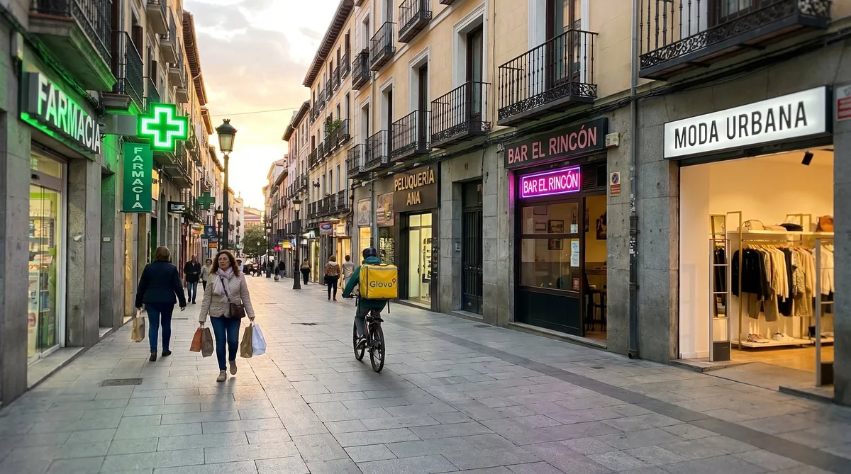 Calle comercial española al atardecer con diferentes tipos de rótulos: farmacia con cruz verde, peluquería con letras corpóreas, bar con neón LED y tienda de moda con plafón