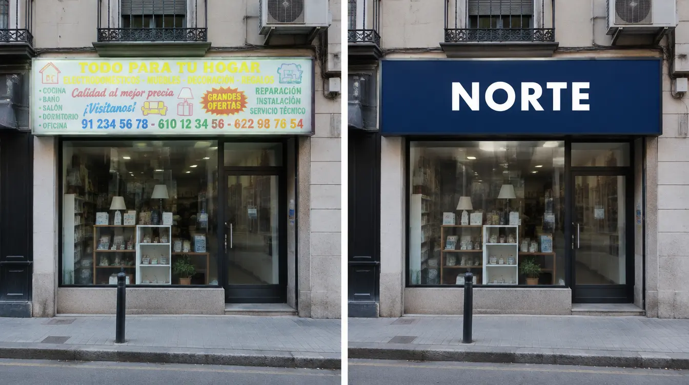 Ejemplo generado con IA que compara un rótulo saturado de texto y colores con un rótulo limpio y legible